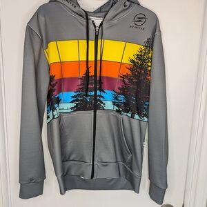 EUC UNISEX GREY ZIP UP HOODIE with VIBRANT SUNSET GRAPHIC SIZE SMALL